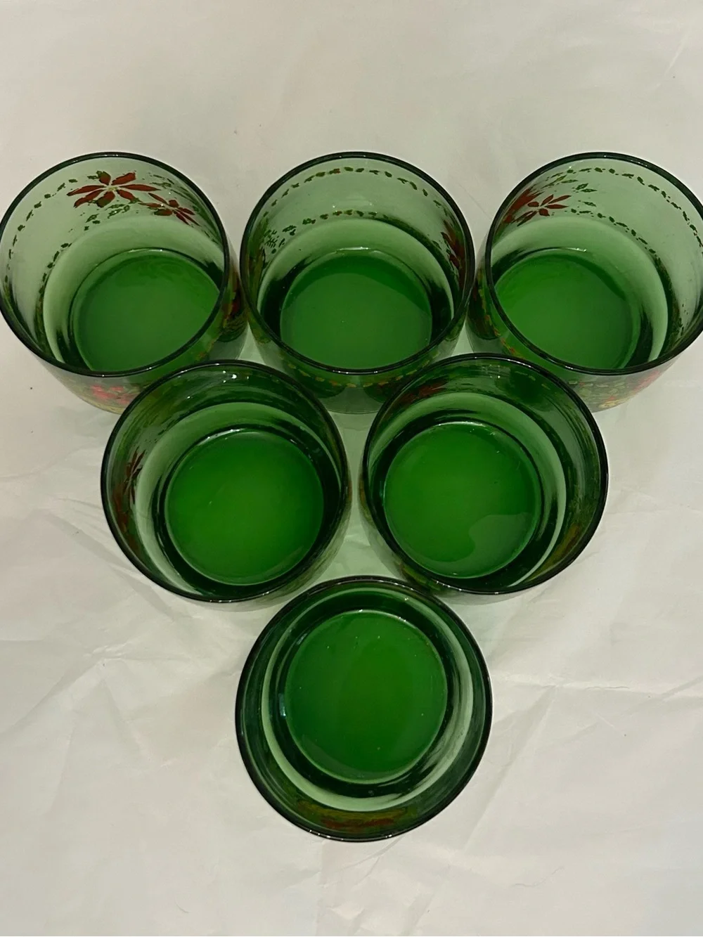 Vintage Green Glass Tumblers with Red Floral and Basket Motif - Set of‎ 6